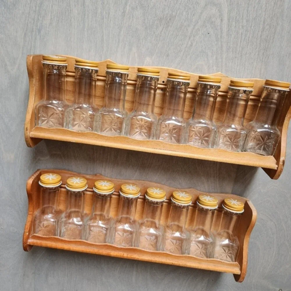 70's Wooden Spice‎ Rack with Glass Jars